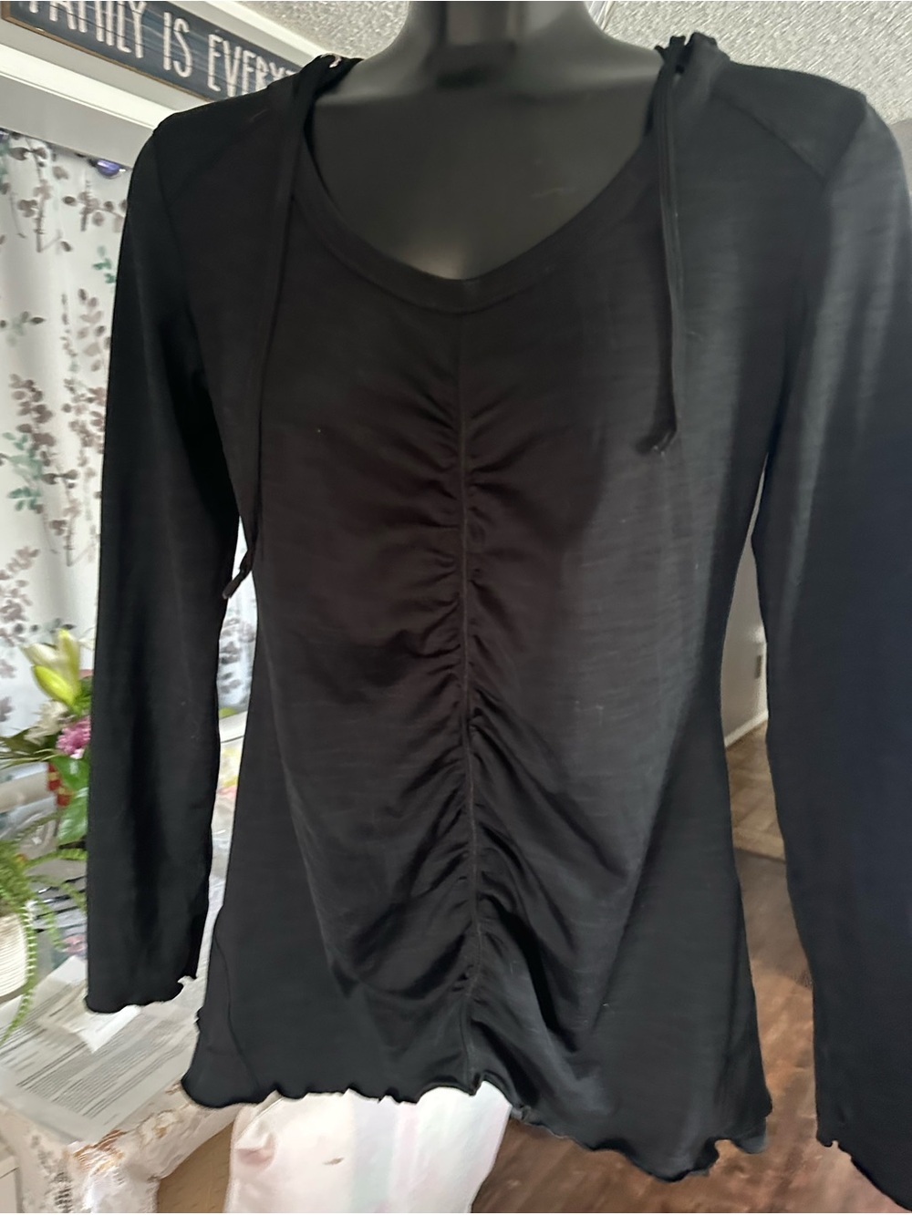 Calvin Klein Black Ruched V-Neck Long Sleeve Top with Hood